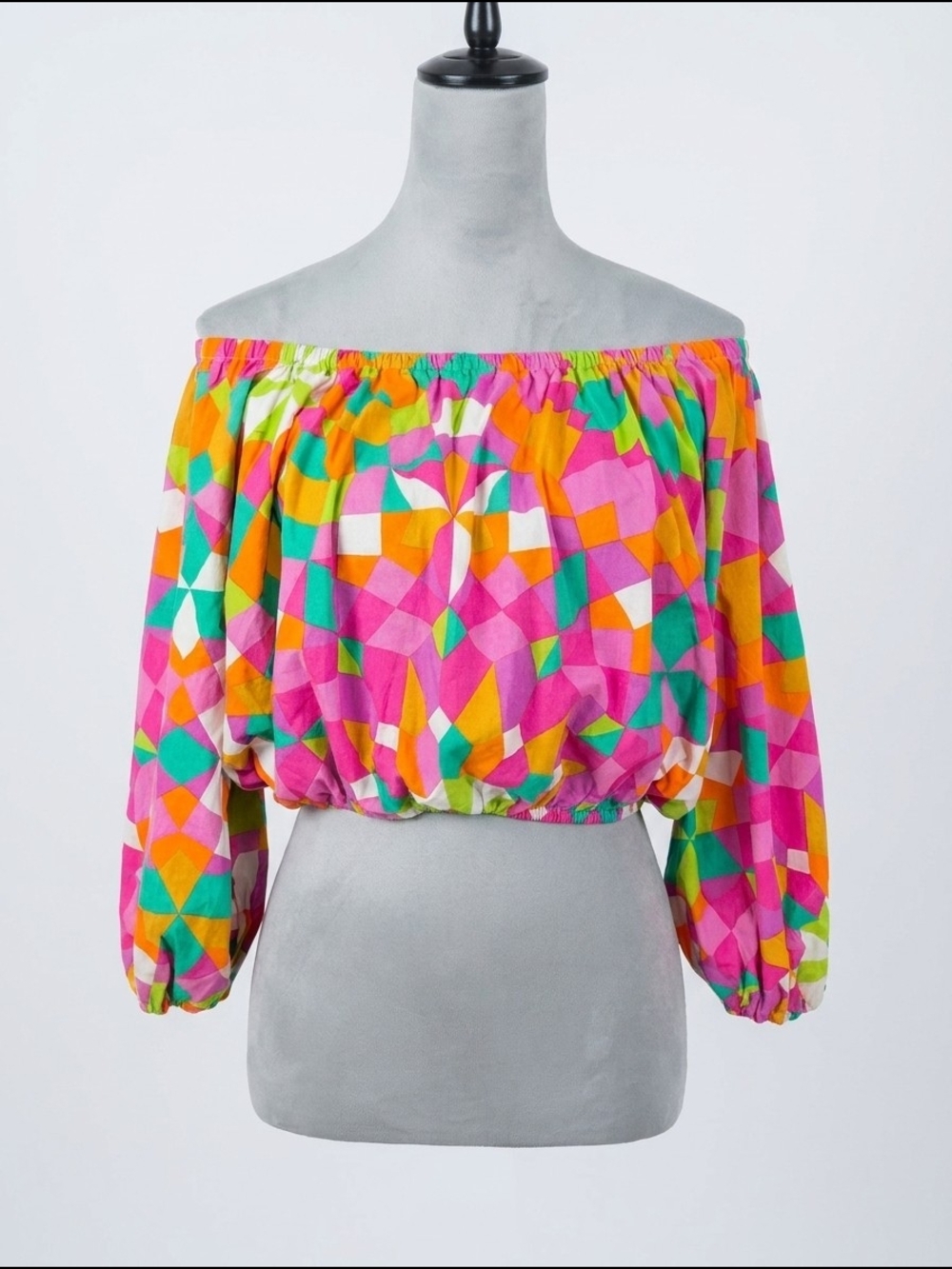 Flying Tomato Off Shoulder Crop Top Women's Small Colorful Geometric Boho Blouse